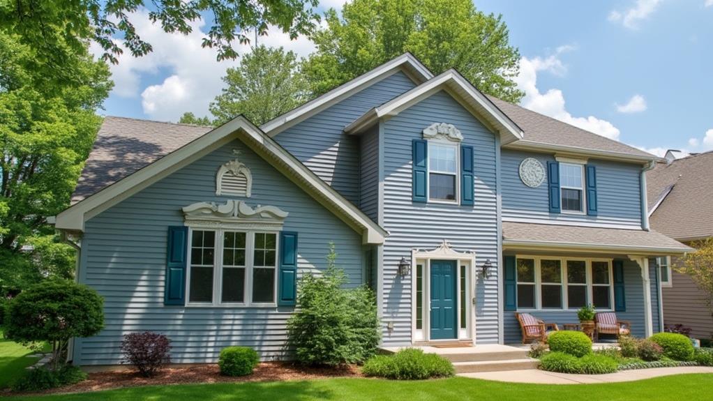 A two-story house with blue vinyl siding and a green lawn.