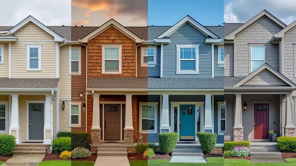 Four houses with different types of siding