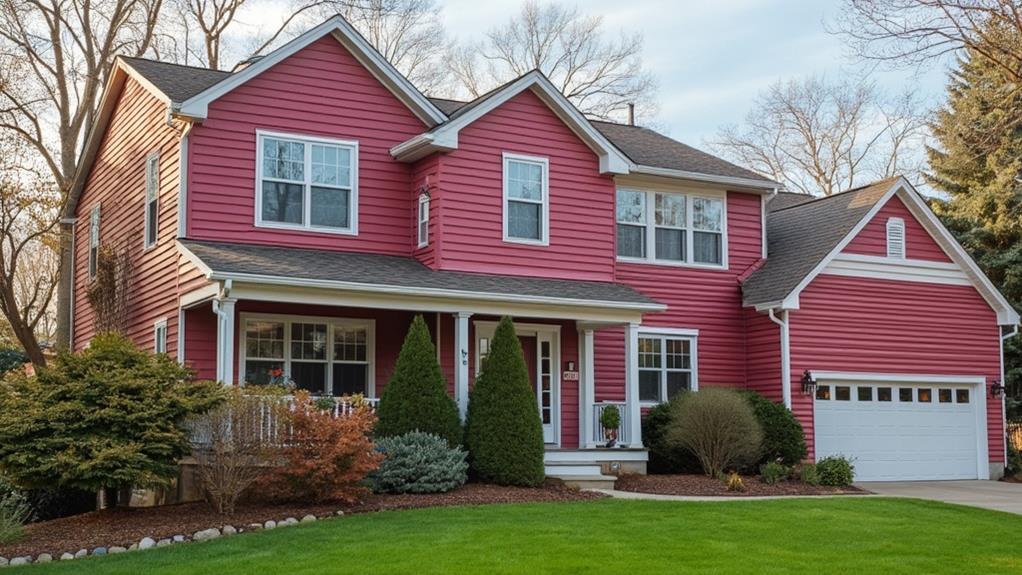 A two-story house with red vinyl siding and a white garage door.
