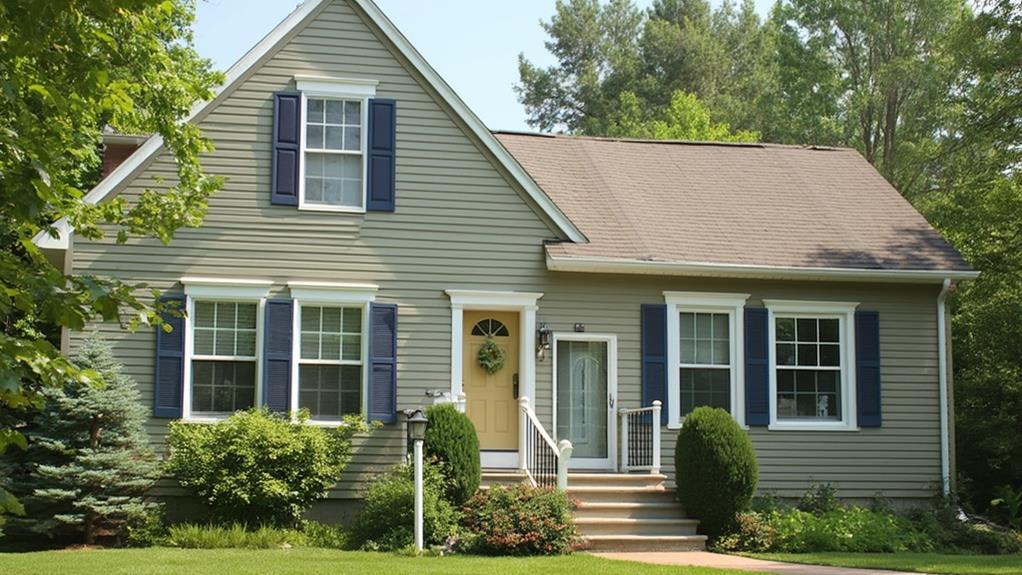 A house with beige vinyl siding, blue shutters, and a green lawn.