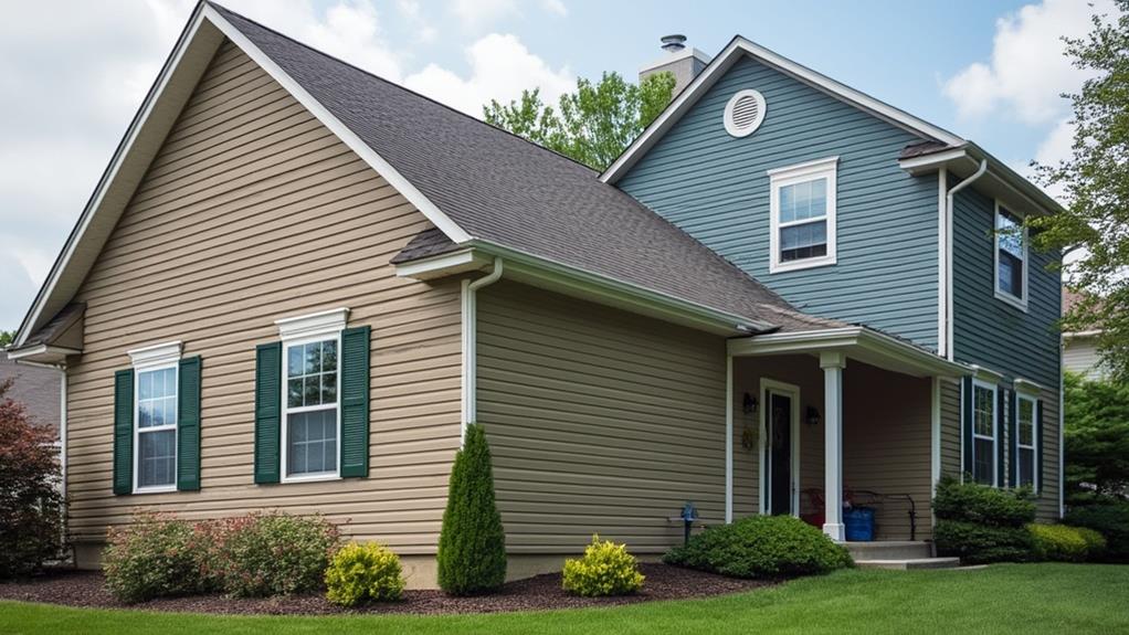 A two-story house with beige and blue vinyl siding, showcasing the versatility of this material.