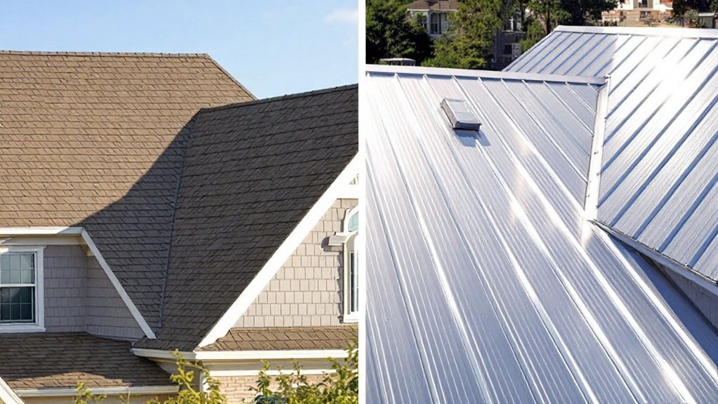 A side-by-side comparison of an asphalt shingle roof and a metal roof.