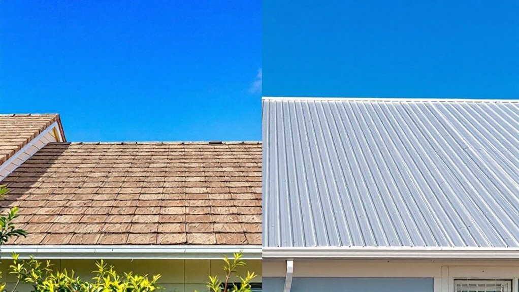 A side-by-side comparison of an asphalt shingle roof and a metal roof.