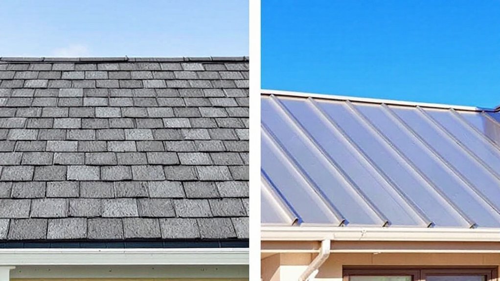 A side-by-side comparison of an asphalt shingle roof and a metal roof.