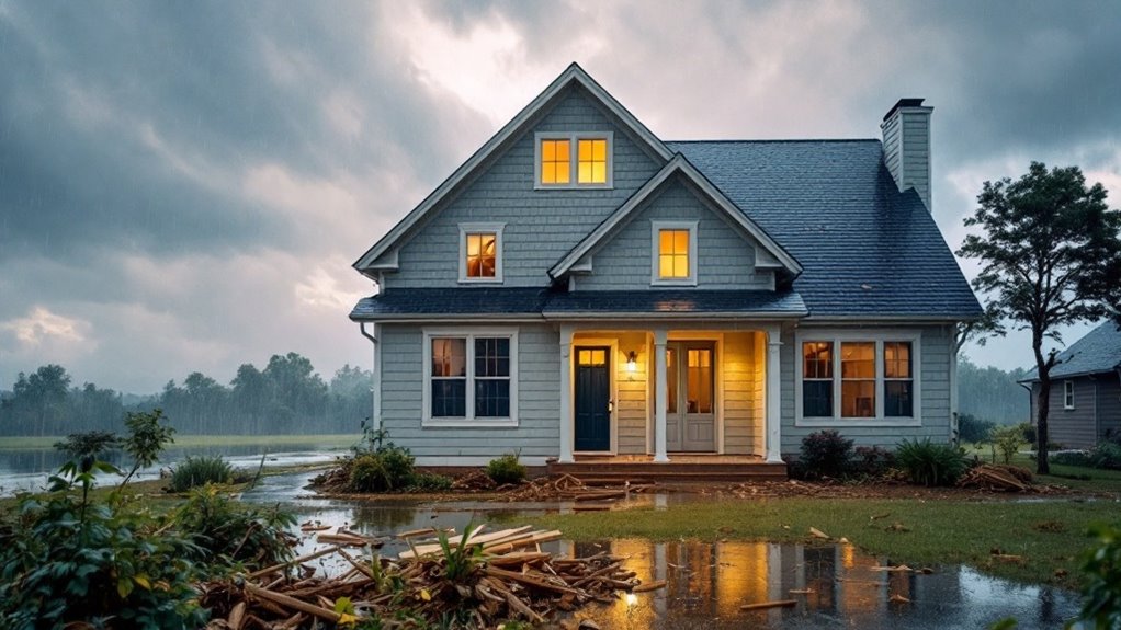 A house with storm-resistant siding is surrounded by floodwaters.