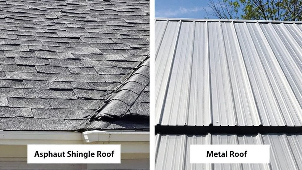 A side-by-side comparison of an asphalt shingle roof and a metal roof.