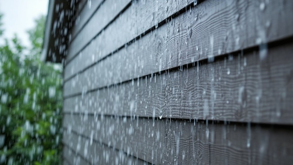 Rain falling on a house with storm-resistant siding.